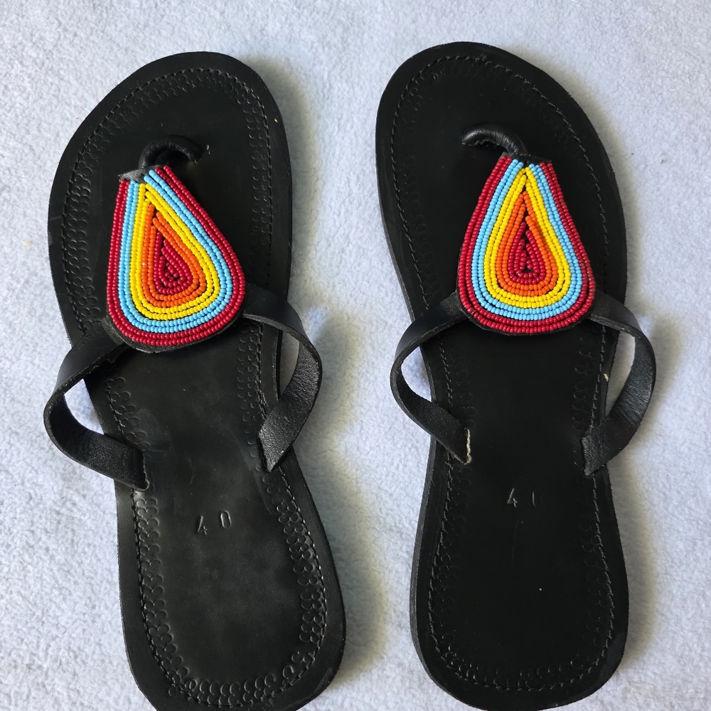 Black Beaded Women's Sandals Leather